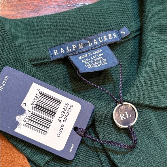 Vintage Ralph Lauren Suede Patch Big Pony Logo Polo Top Dark Green Small NWT - Picture 9 of 10